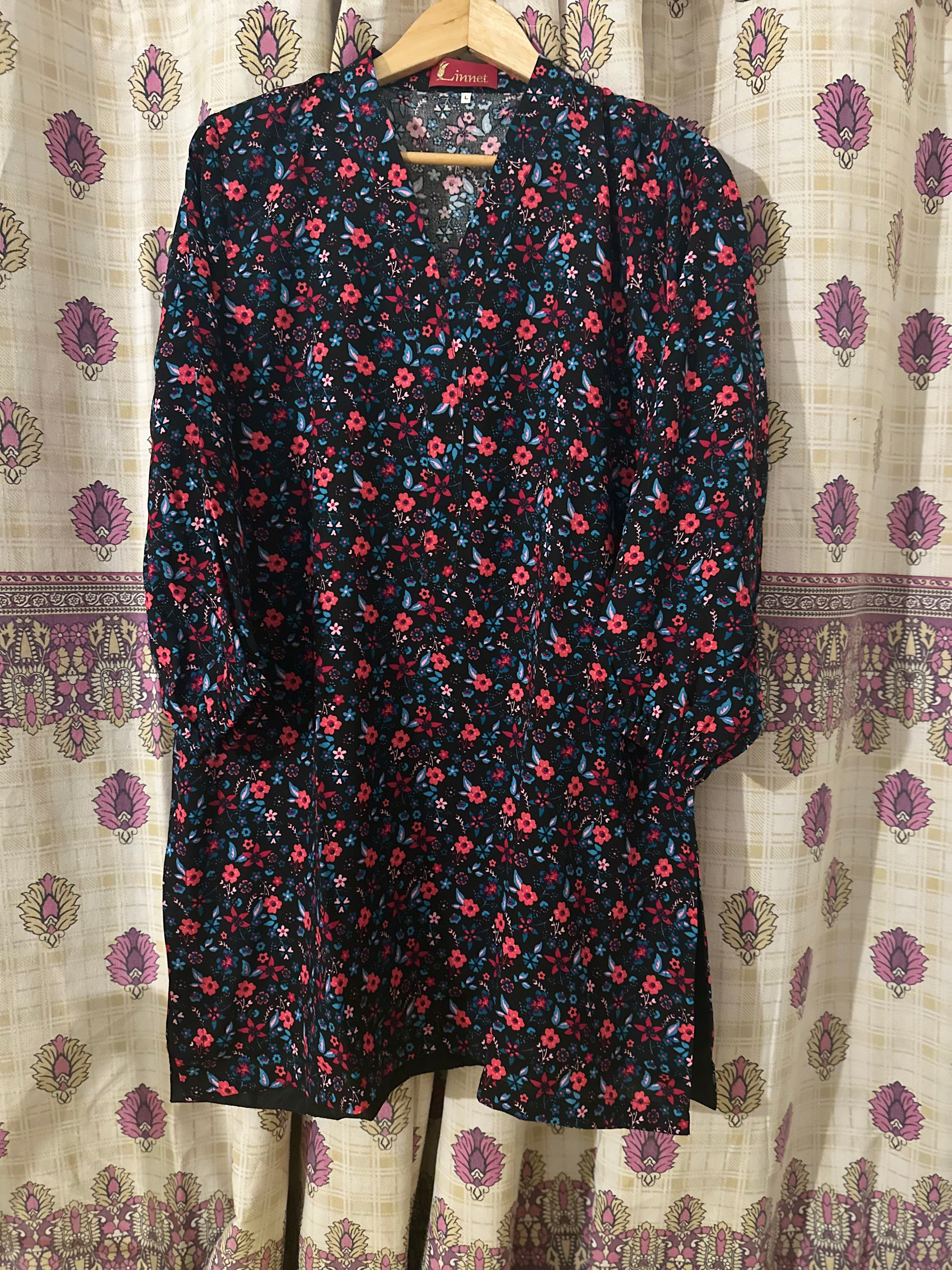Pink Flower In black Kurti with Amazing Print Linnet Style