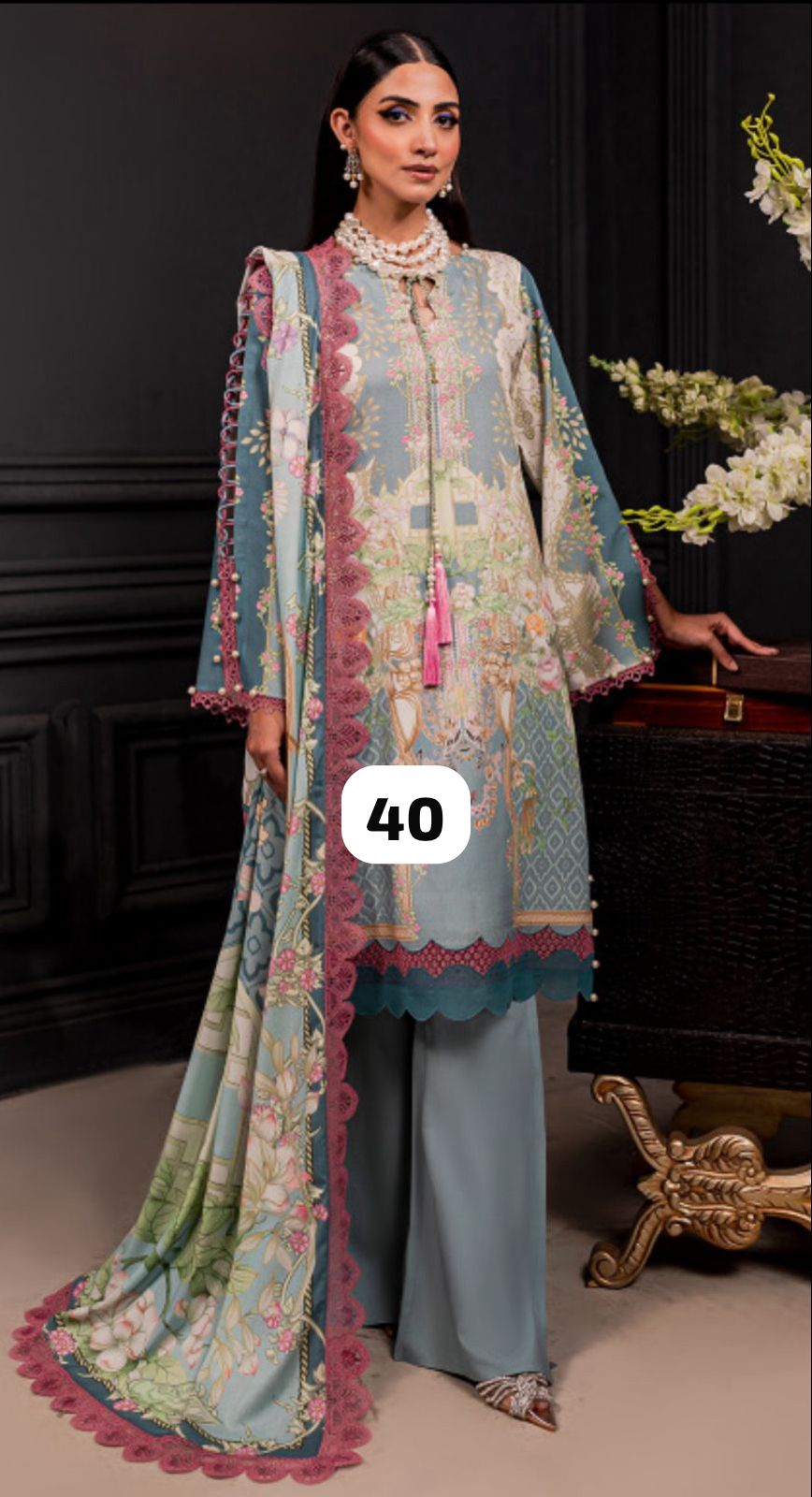 3pcs printed linen suit stitched with organza and lacing