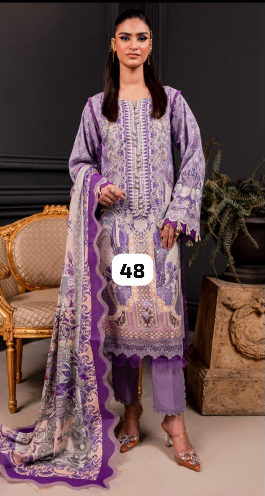 3pcs printed linen suit stitched with organza and lacing