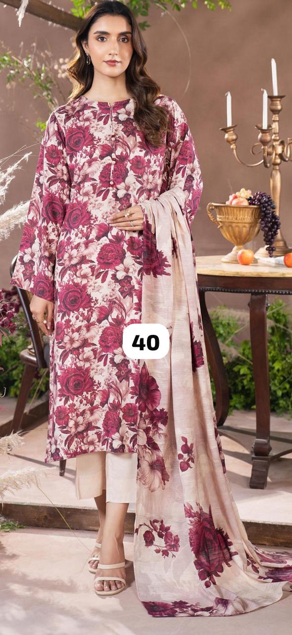 Linen printed shirt with printed dupatta and linen printed trousers